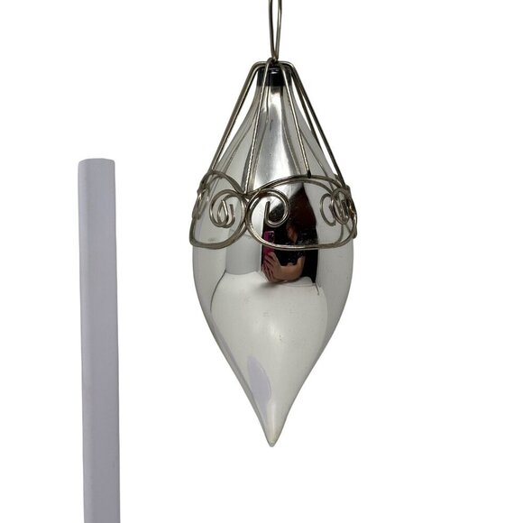 Vintage Silver Blown Glass Teardrop Christmas Ornament Wire Cage Mercury Finish - Picture 13 of 16